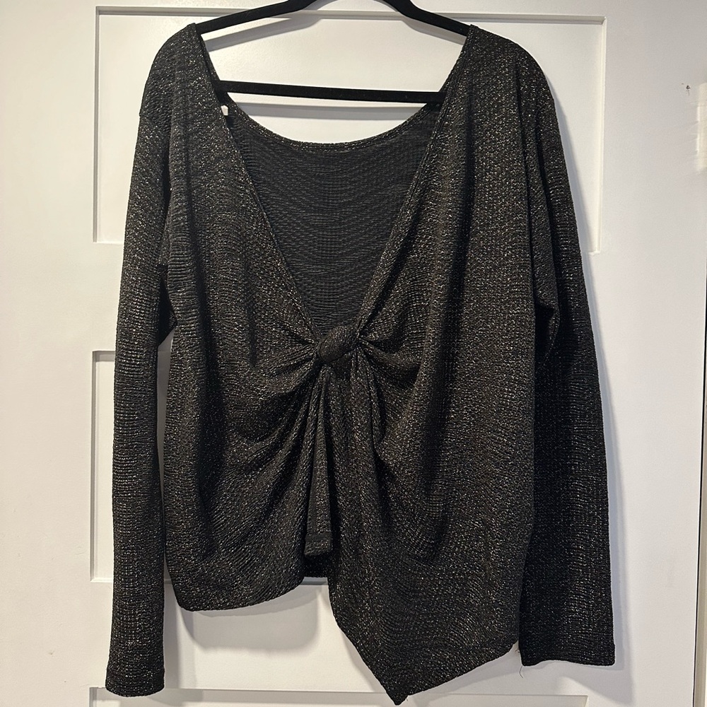 Knotted asymmetrical low-back long sleeve top, black with gold shimmer